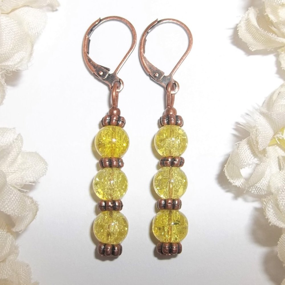 Yellow & Copper Boho Earring Set Dangle Drop 6453